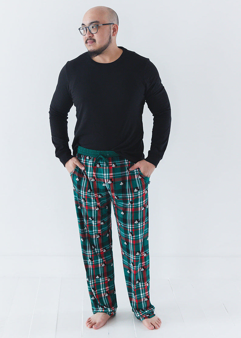 Men's bamboo Christmas Disney Mickey pajamas in green and red tartan print with family matching.