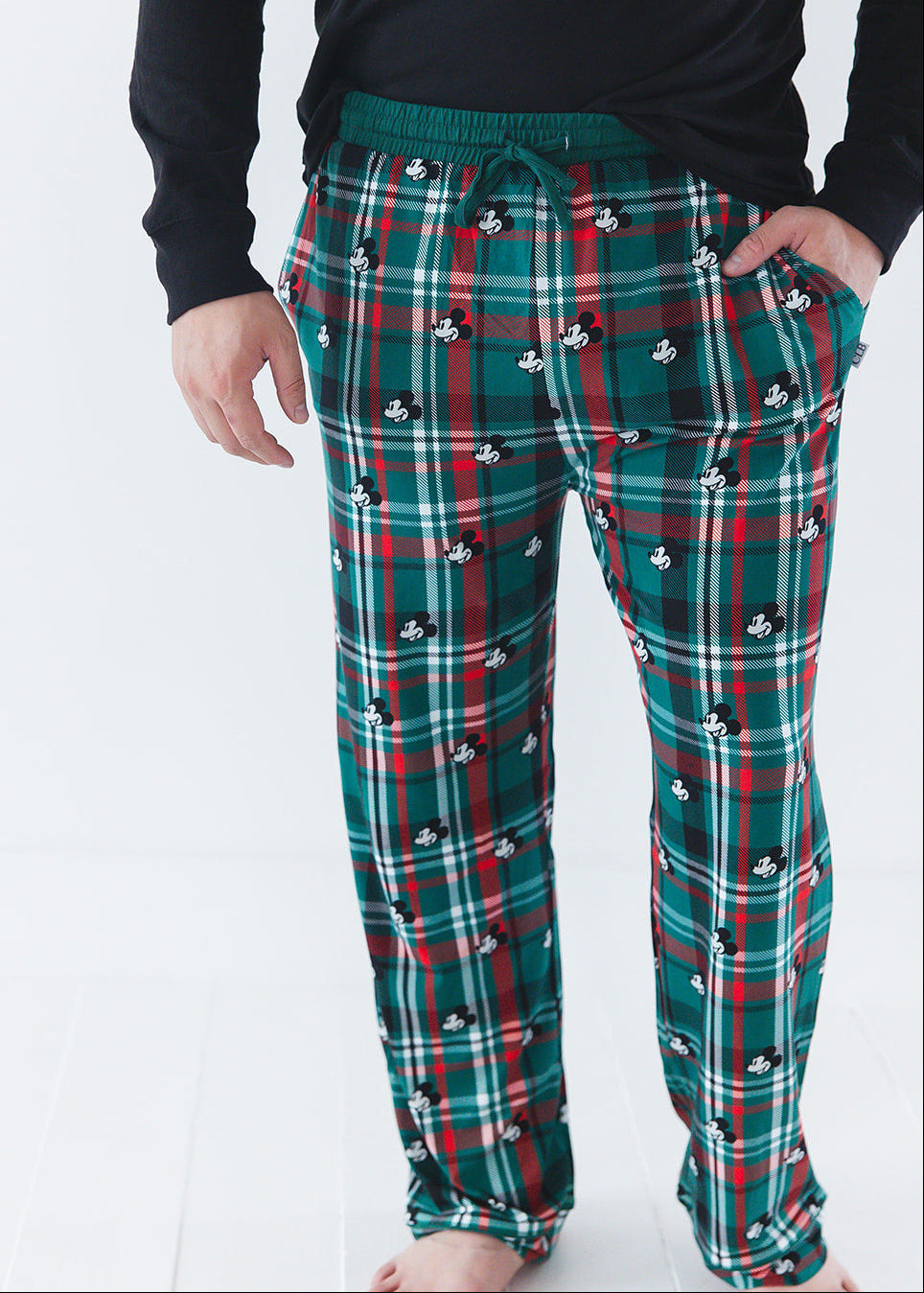 Men's bamboo Christmas Disney Mickey pajamas in green and red tartan print with family matching.