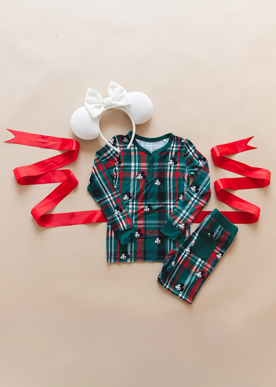 Bamboo Christmas Mickey Disney Pajamas with family matching for toddlers in green and red tartan.