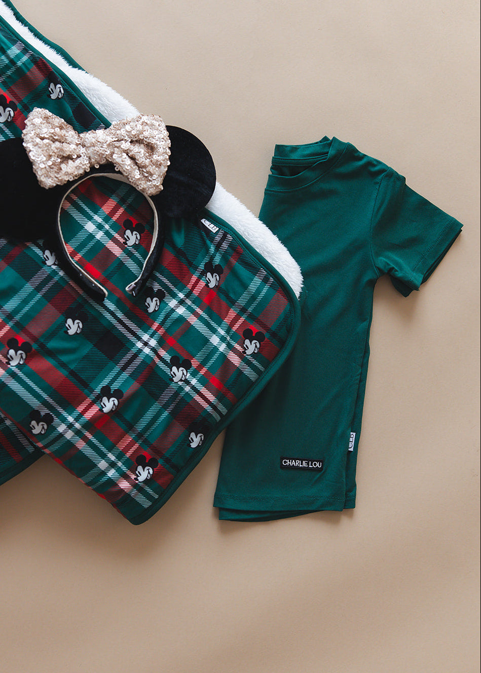 Forest green bamboo t-shirt with matching family Christmas pajamas.