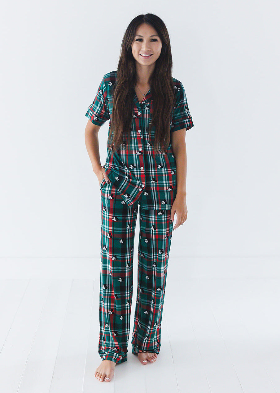 Women's bamboo Christmas Disney Mickey pajamas in green and red tartan print with family matching.