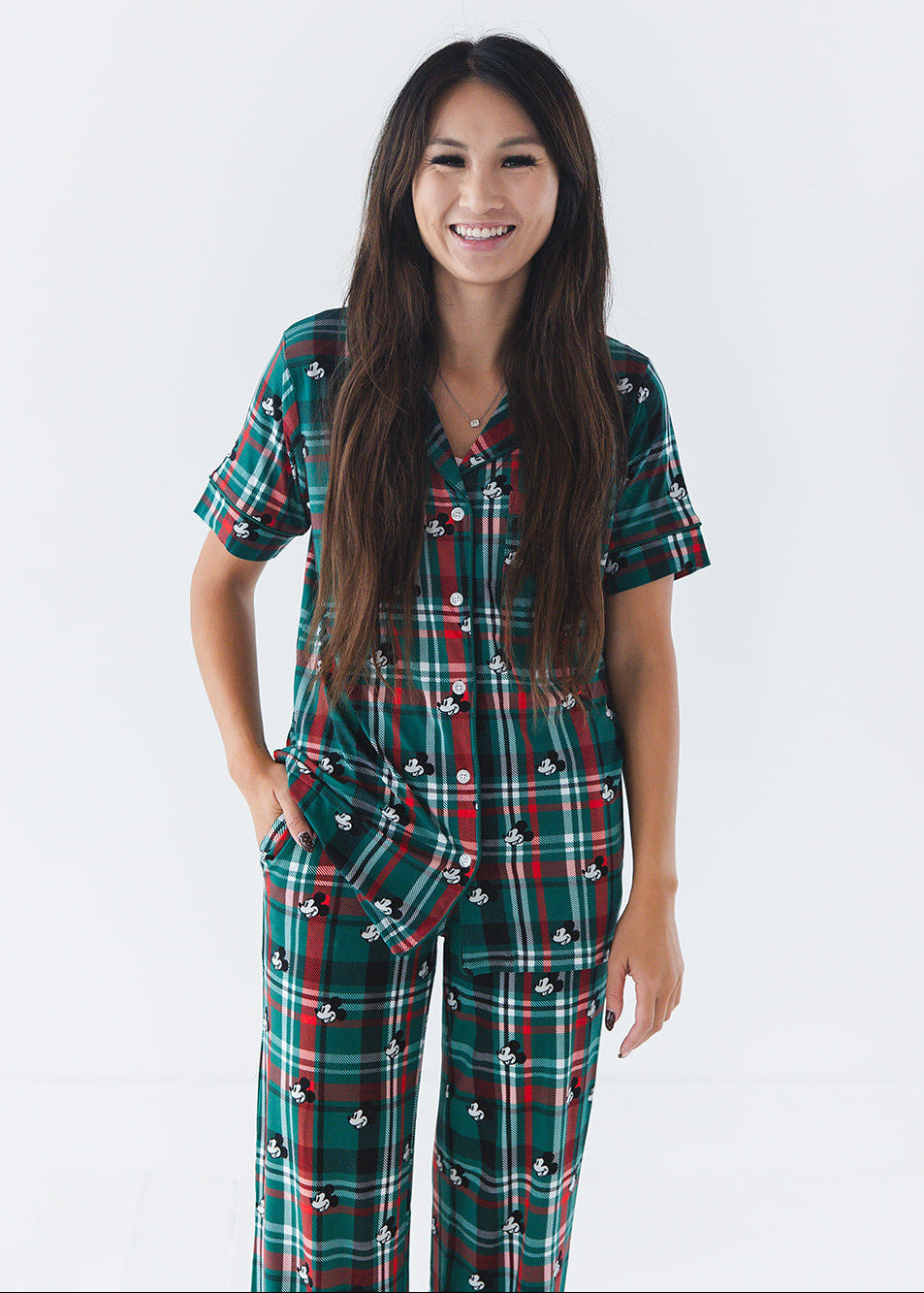 Women's bamboo Christmas Disney Mickey pajamas in green and red tartan print with family matching.