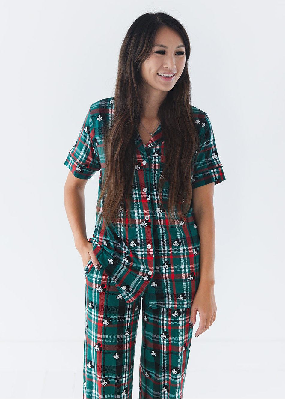 Women's bamboo Christmas Disney Mickey pajamas in green and red tartan print with family matching.