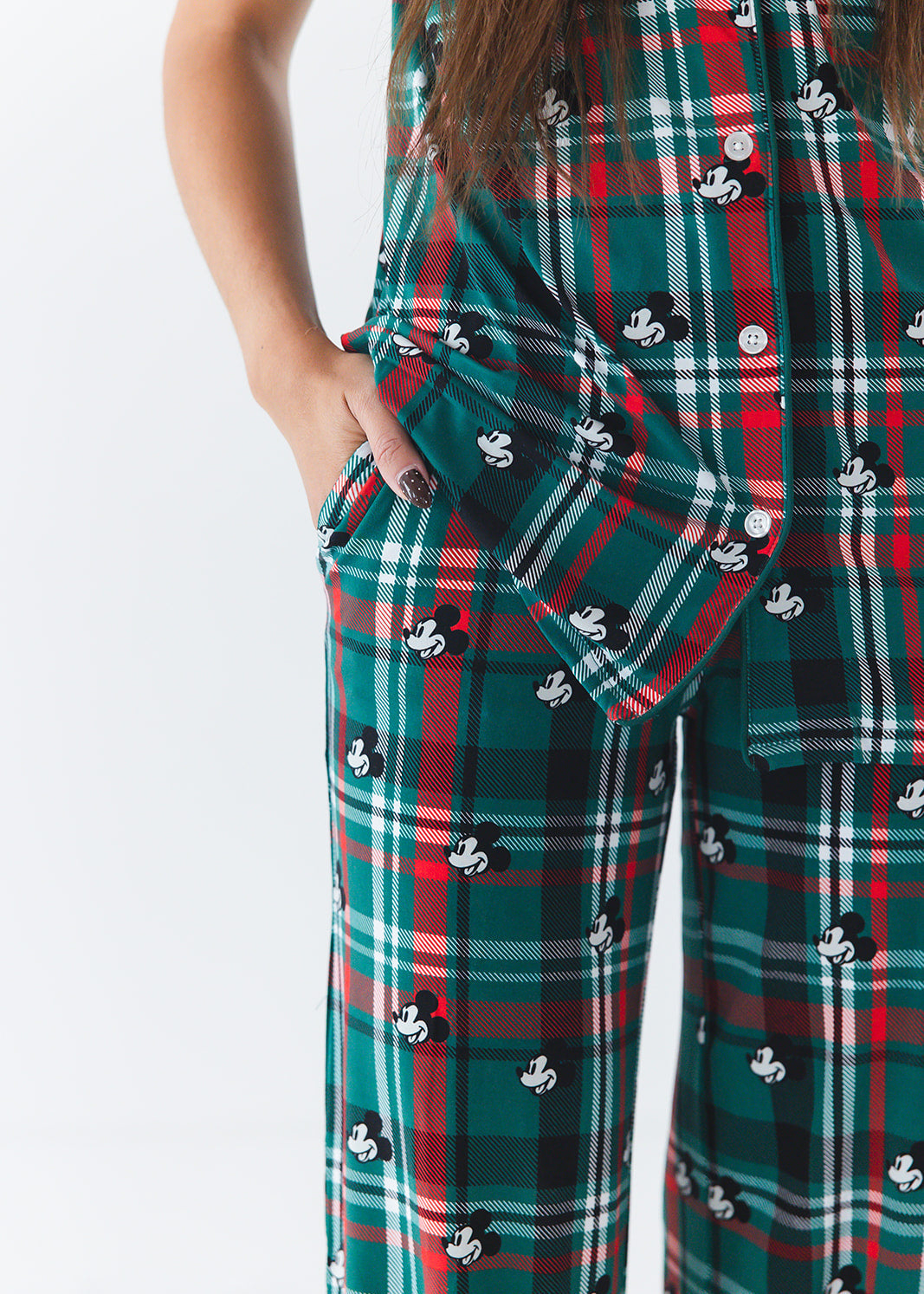 Women's bamboo Christmas Disney Mickey pajamas in green and red tartan print with family matching.