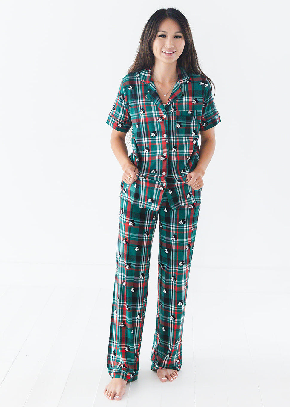 Women's bamboo Christmas Disney Mickey pajamas in green and red tartan print with family matching.