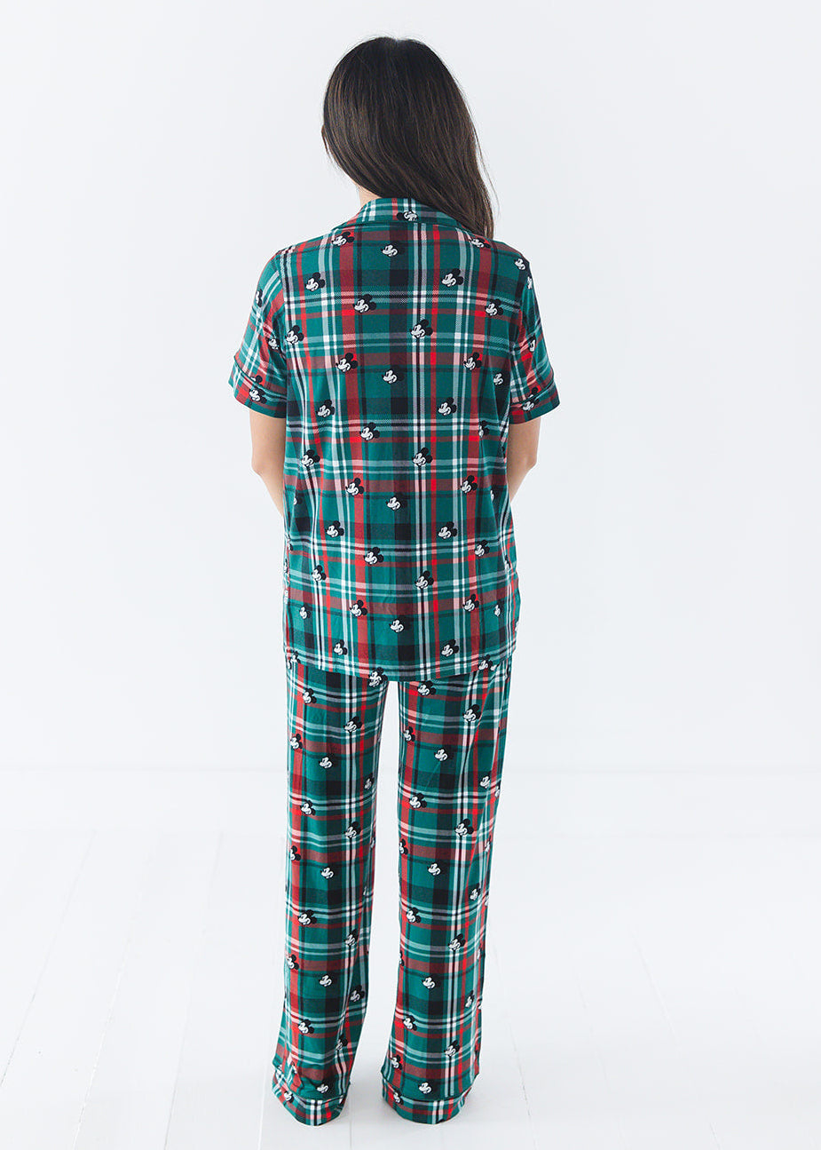 Women's bamboo Christmas Disney Mickey pajamas in green and red tartan print with family matching.