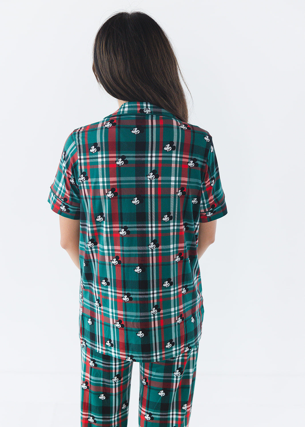 Women's bamboo Christmas Disney Mickey pajamas in green and red tartan print with family matching.