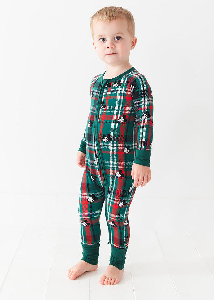 Convertible romper in zippy style with green and red tartan mickey disney print for Christmas family matching pajamas.