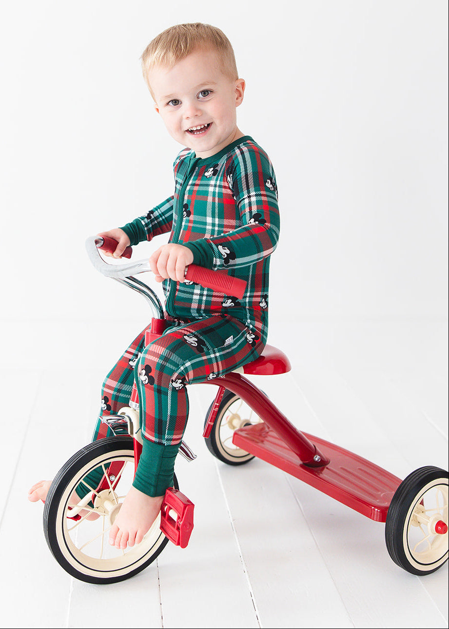 Convertible romper in zippy style with green and red tartan mickey disney print for Christmas family matching pajamas.