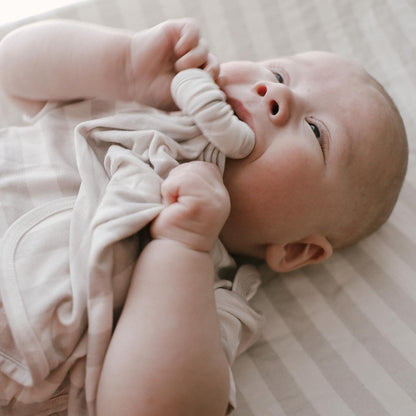 Striped Bamboo Wood Ring Lovey for babies and toddlers which is gender neutral for boys and girls.